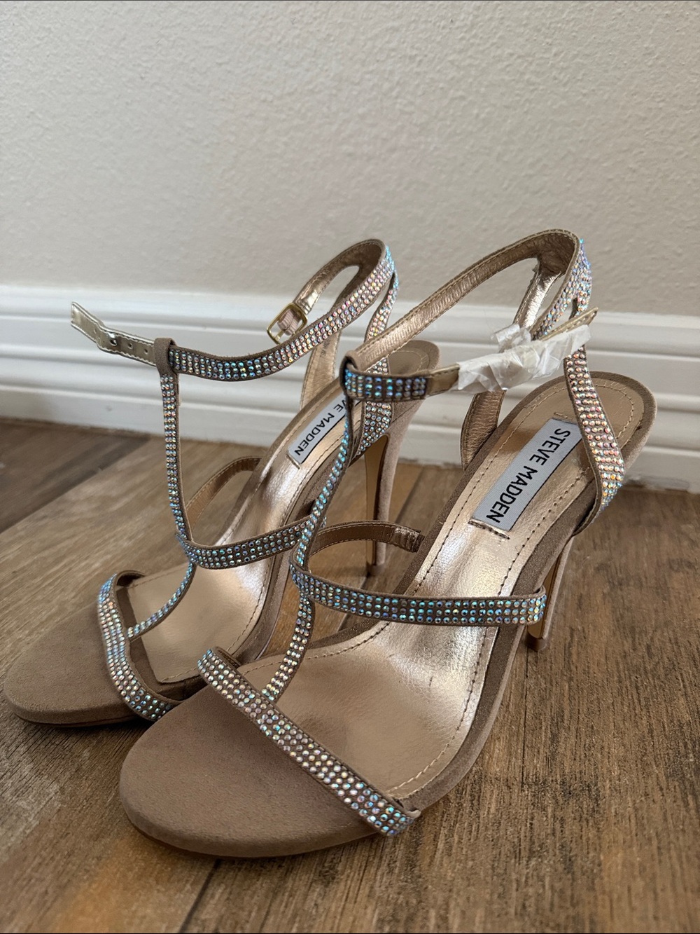 Steve Madden Suede Taupe Crystal T-Strap Heels
